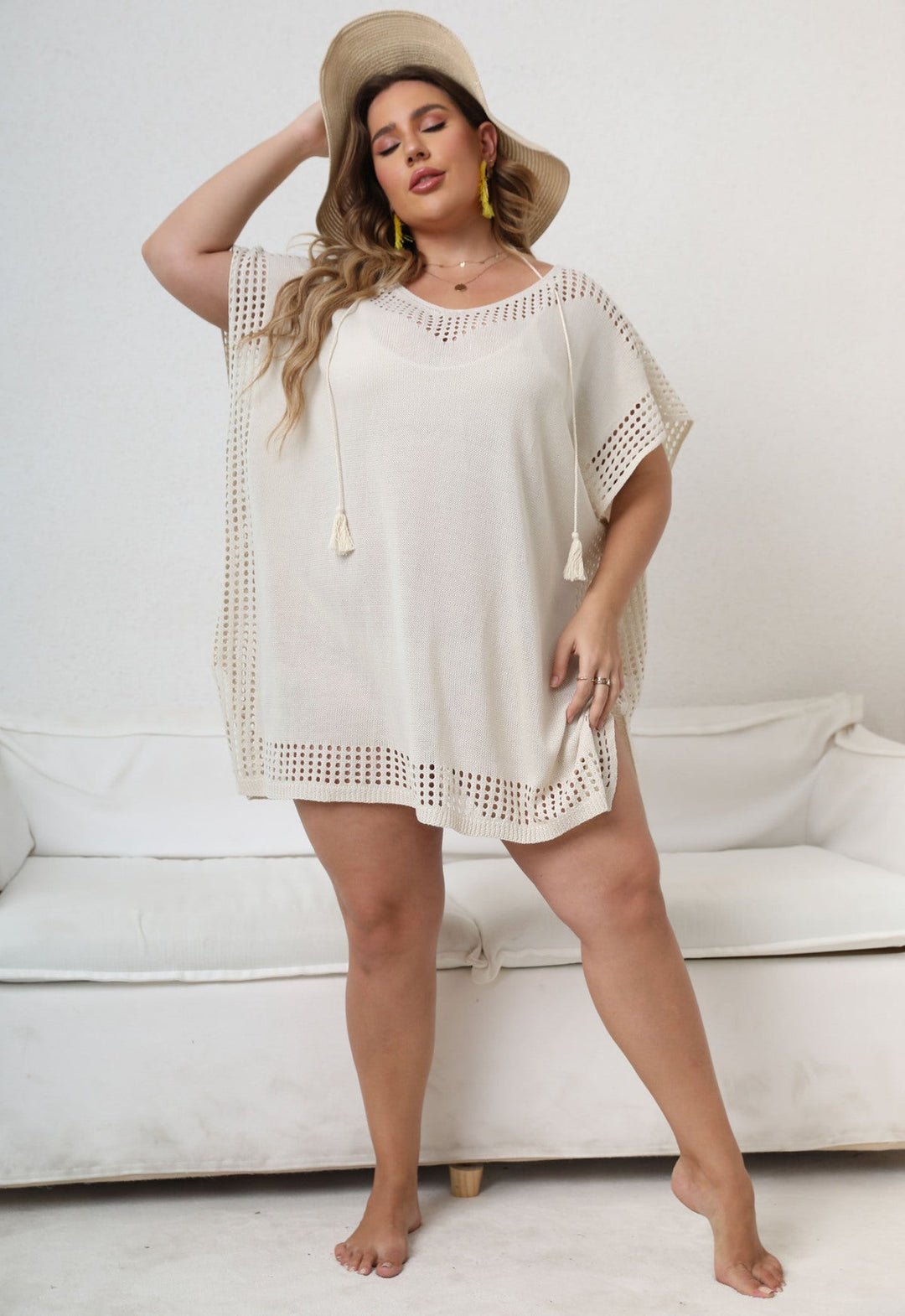 Plus Size Solid Color Openwork Cover Up with Tassels