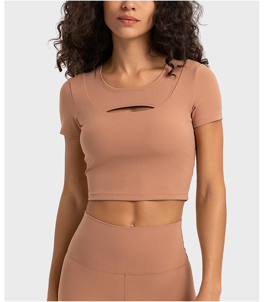 Solid Ribbed Round Neck Cut Out Crop Active Top
