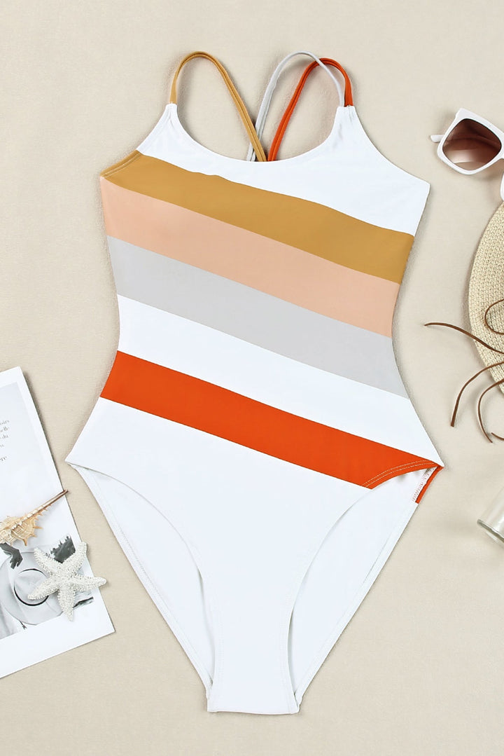 Striped Criss Cross Backless One-Piece Swimwear