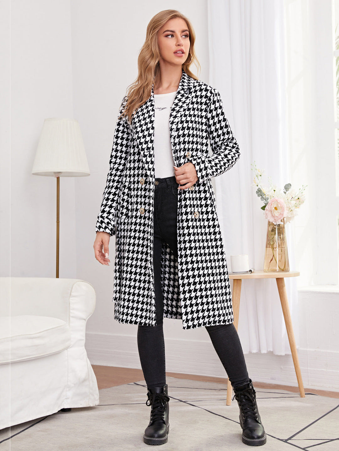 Collared Neck Long Sleeve Double-Breasted Tie Waist Houndstooth Coats