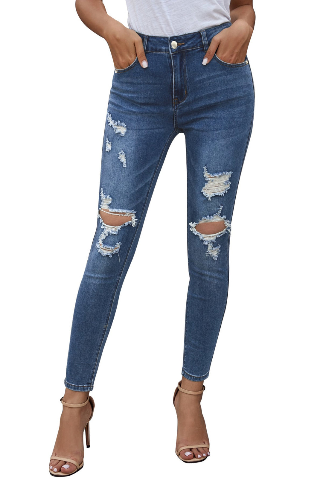 Blue Hollow Out Vintage Skinny Ripped Jeans
