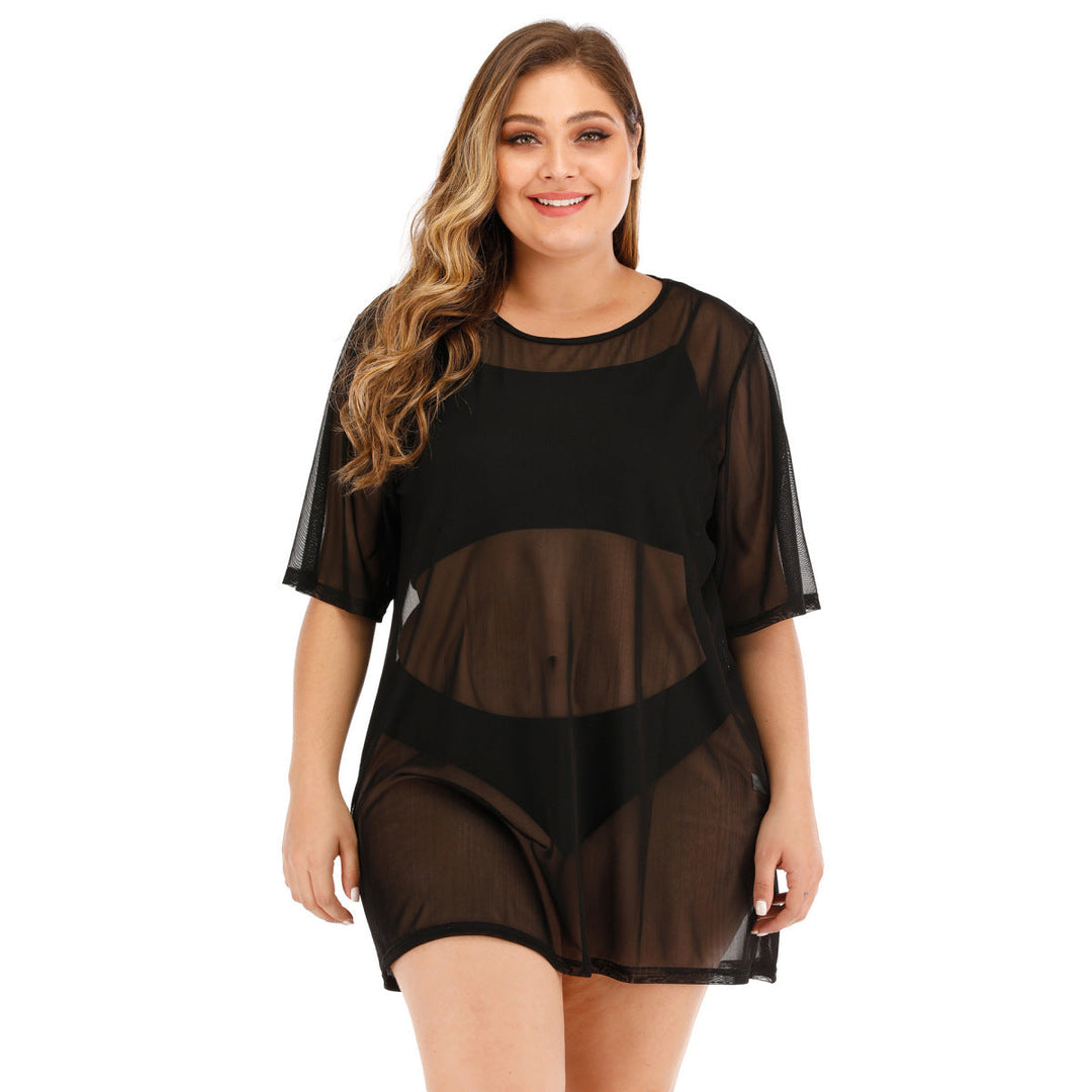 Plus Size Black Round Neck Sheer Cover Up