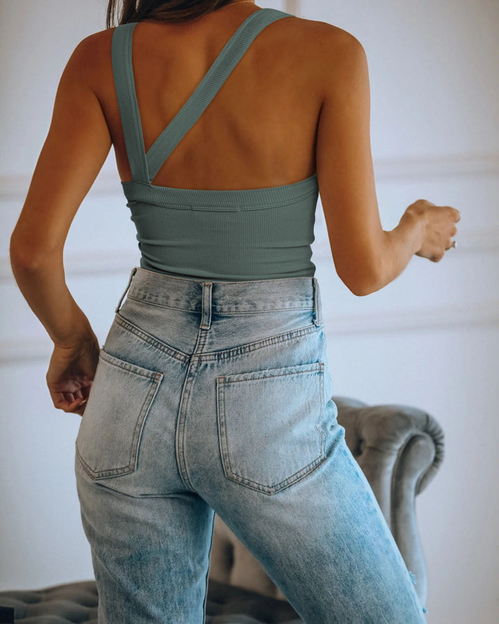 Ribbed Round Neck Sleeveless Backless Tank Top