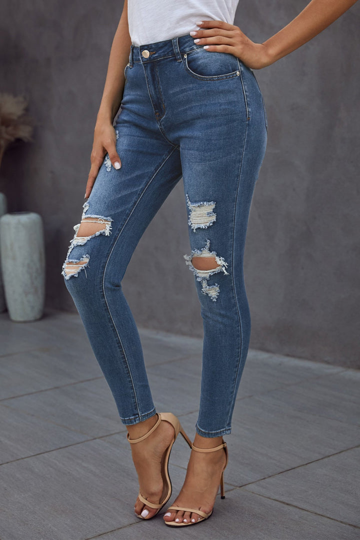 Blue Hollow Out Vintage Skinny Ripped Jeans