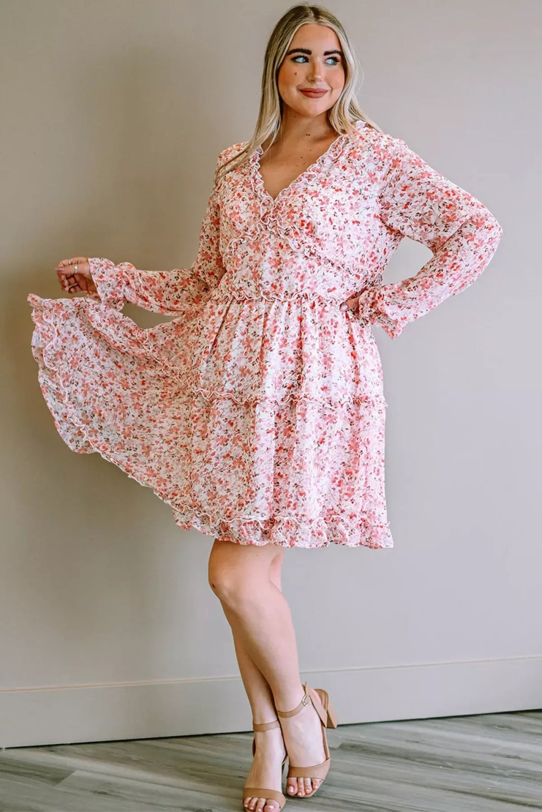 Pink Frilled Tiered Floral Plus Size Dress