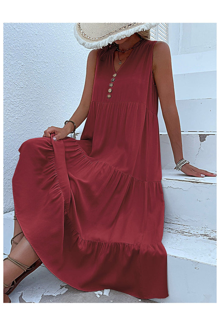 Solid Notched Buttoned Tiered Maxi Dress