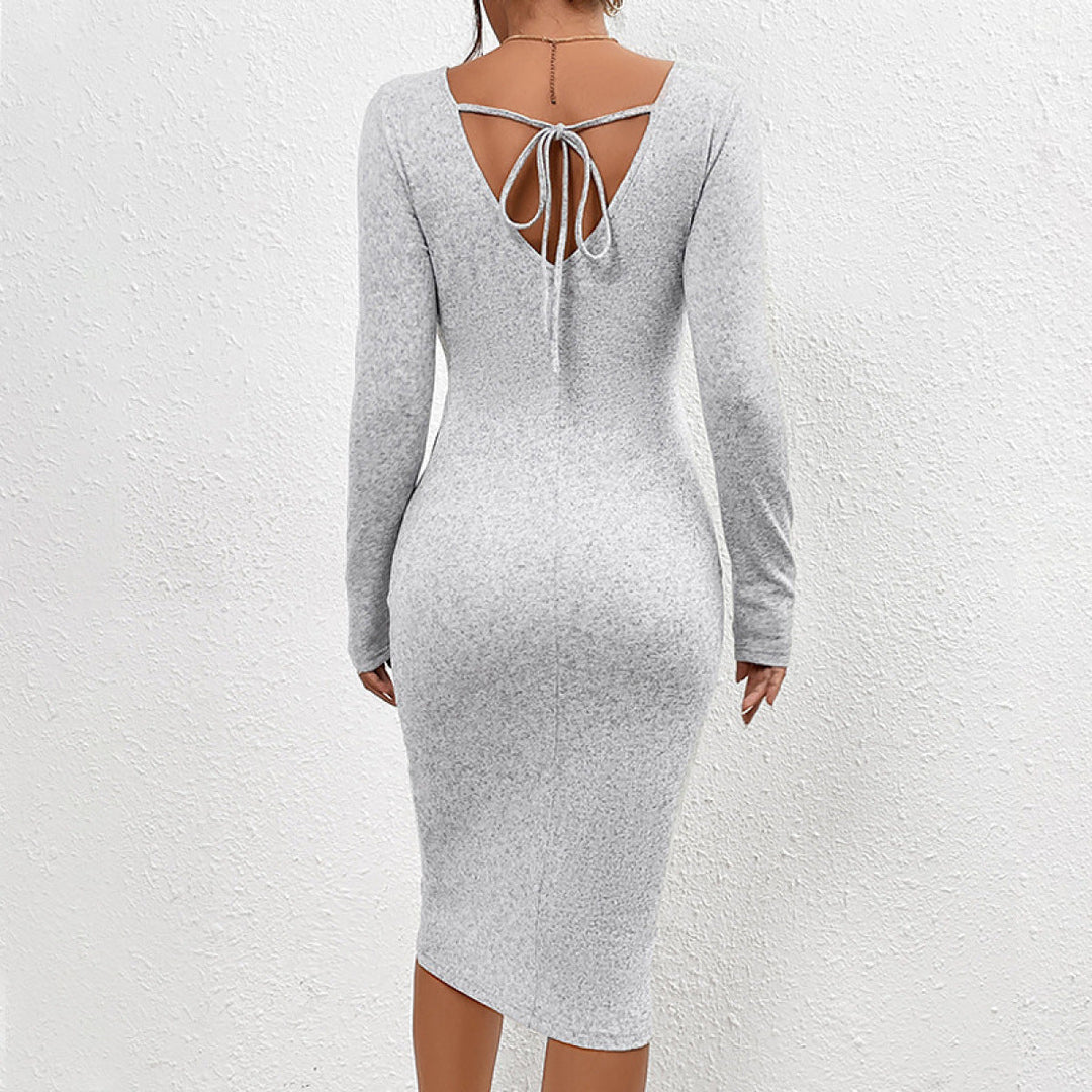 Gray Deep V Waist Cut Out Drawstring Slit Tie Back Mini Dress