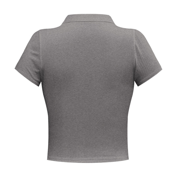 Solid Short Sleeve Buttoned V Neck Crop Top