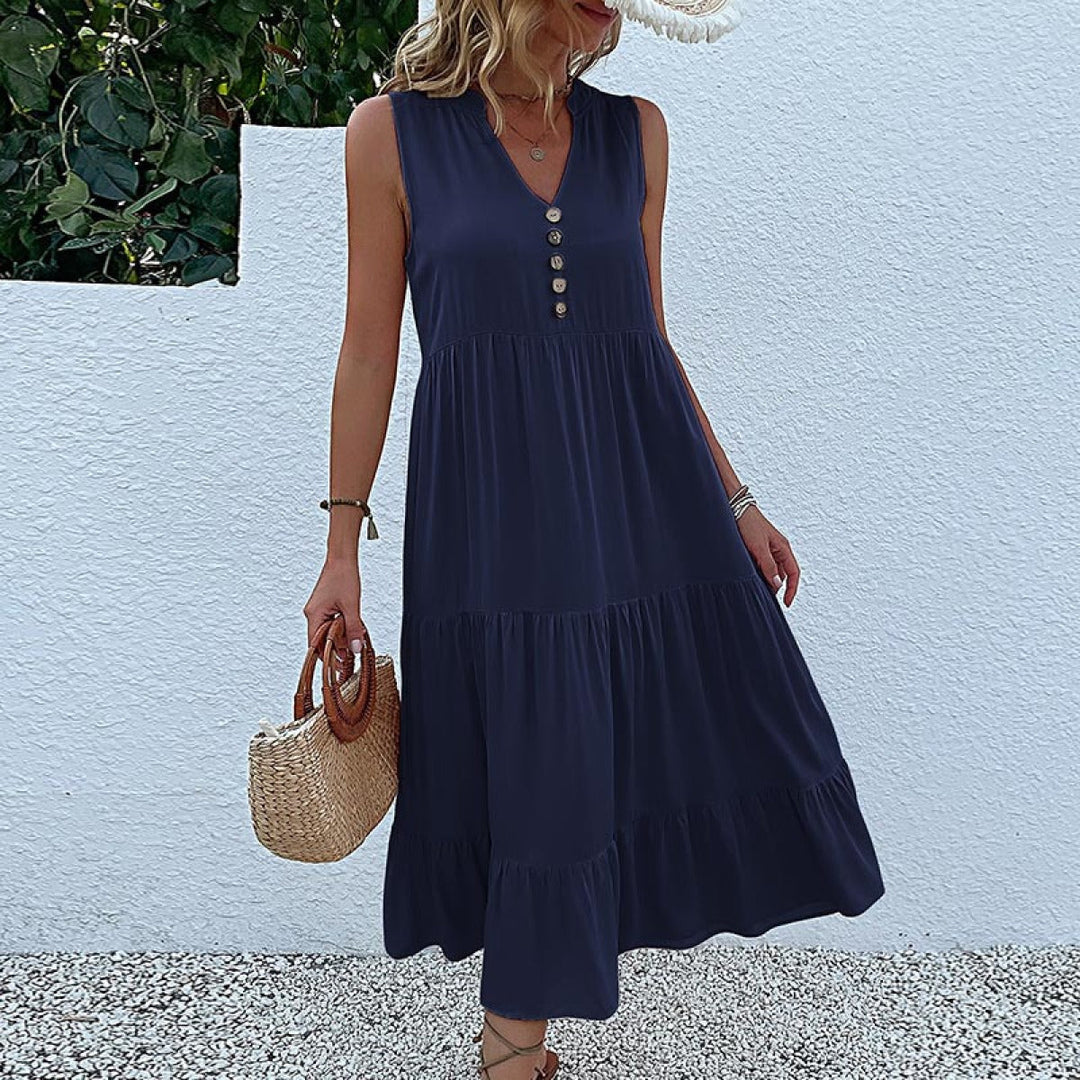 Solid Notched Buttoned Tiered Maxi Dress