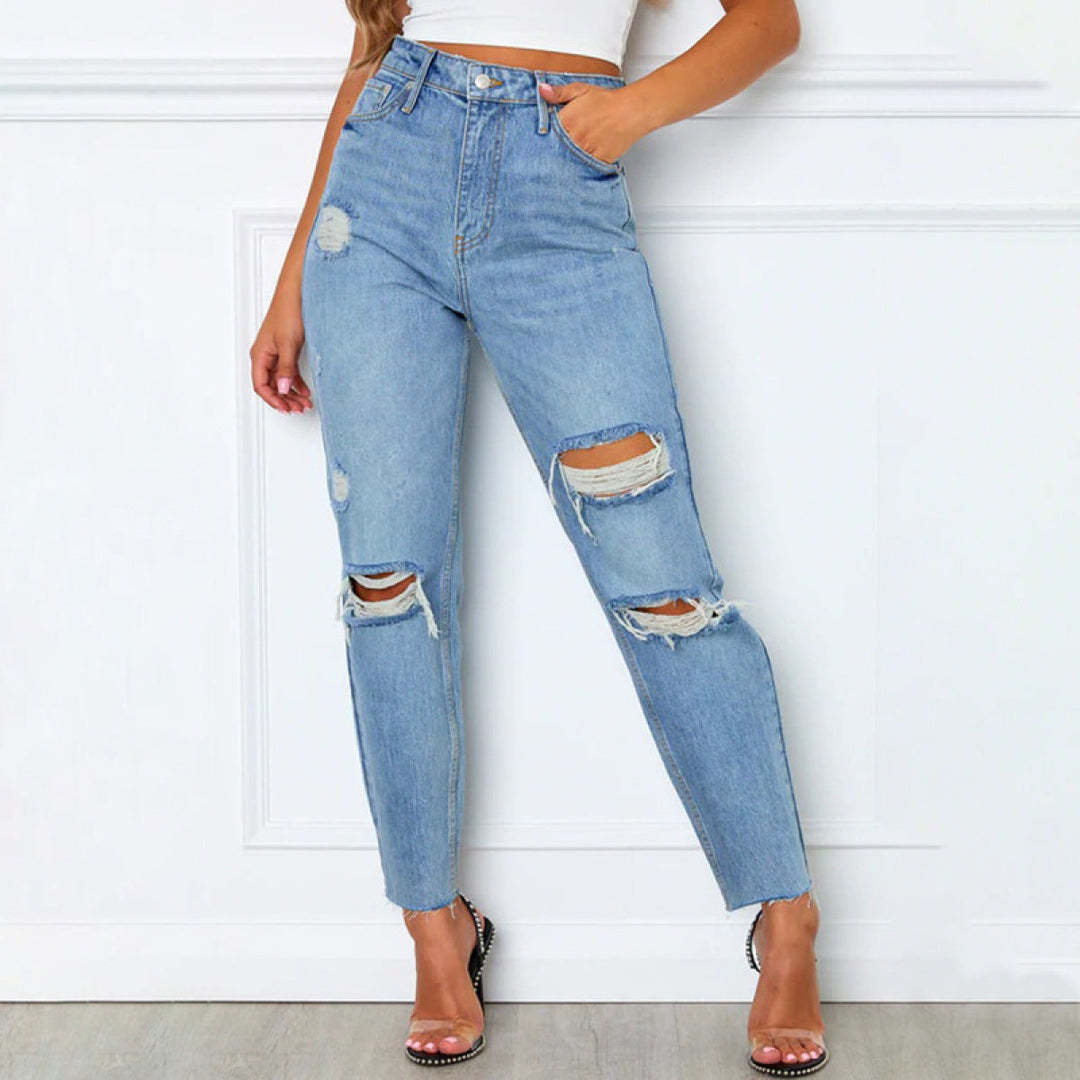Casual Washed Blue Straight-Leg Ripped Jeans