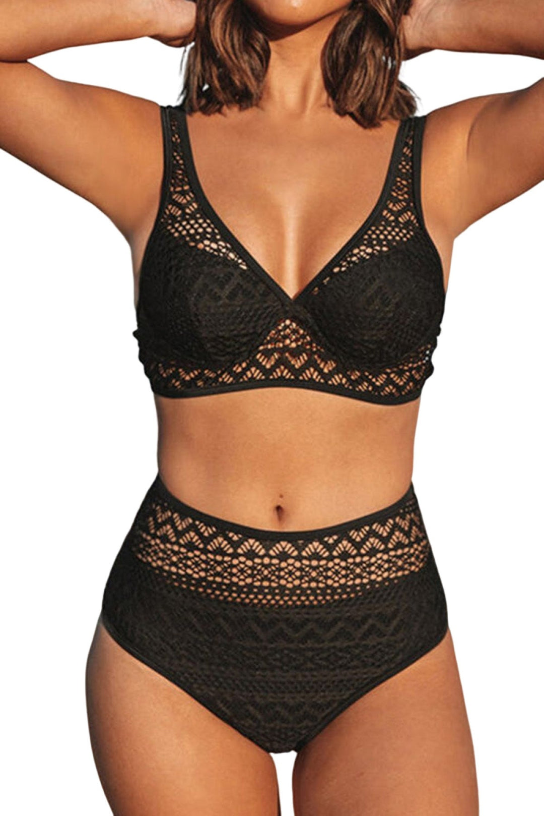 Black Lace Crochet High Waist Bikini