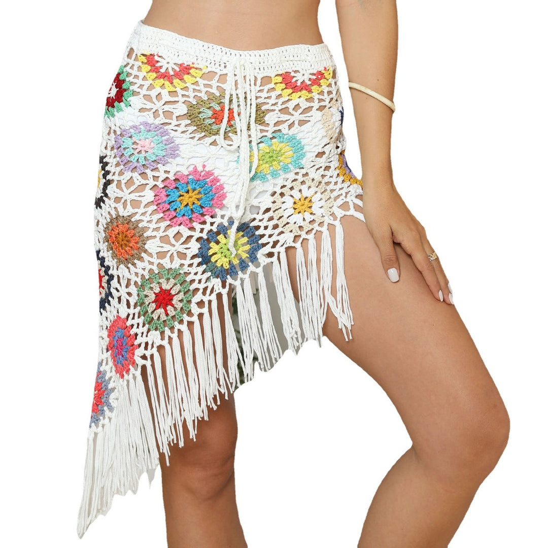 Contrasting Crochet Beach Top & Asymmetric Fringed Skirt Two-Piece Set
