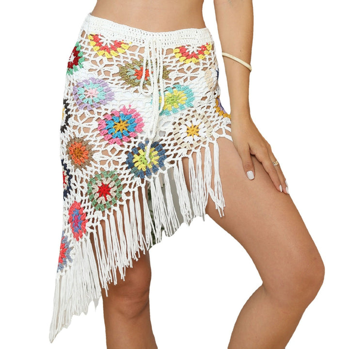 Contrasting Crochet Beach Top & Asymmetric Fringed Skirt Two-Piece Set