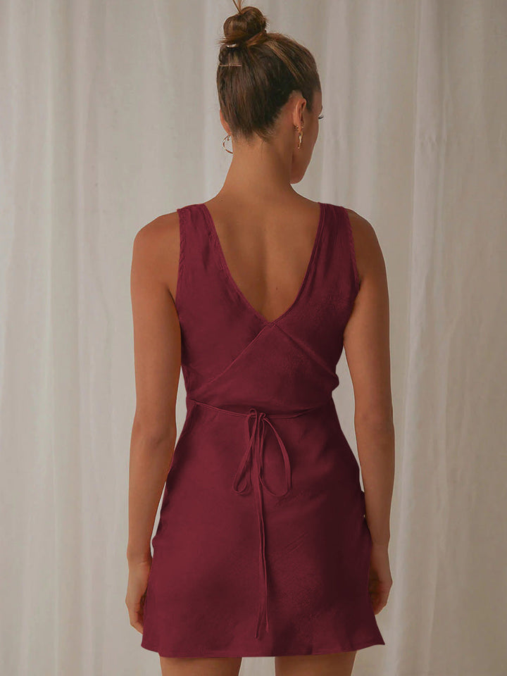 Solid Sleeveless Back Tie Waist Mini Dress
