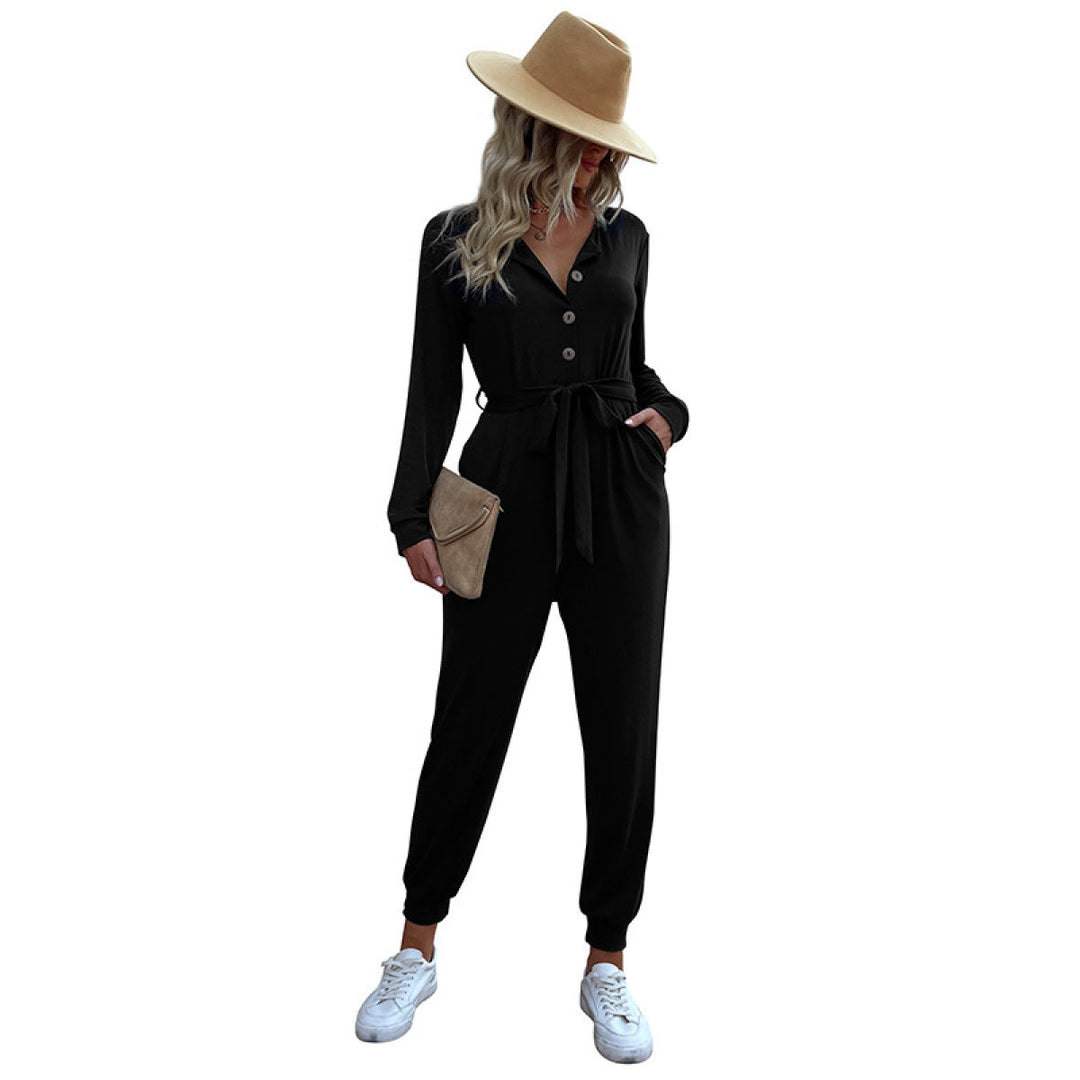 Casual Botton Down Long-Sleeved Jumpsuit