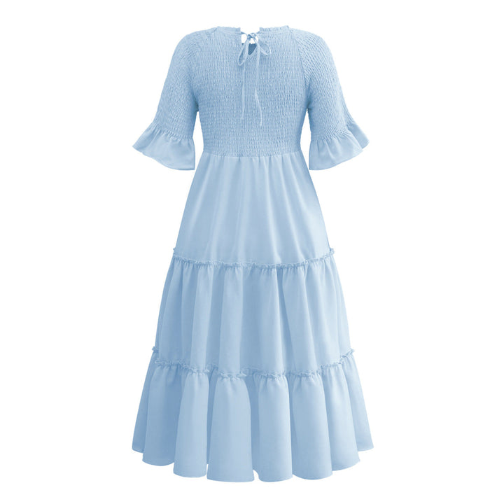 Round Neck Solid Color Smocked A-line Tiered-layered Dress