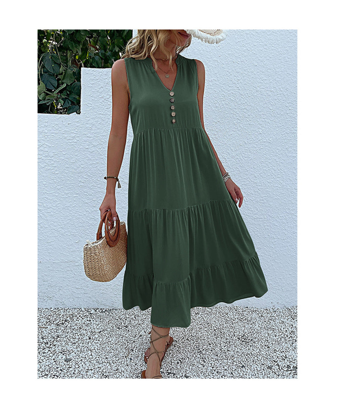 Solid Notched Buttoned Tiered Maxi Dress