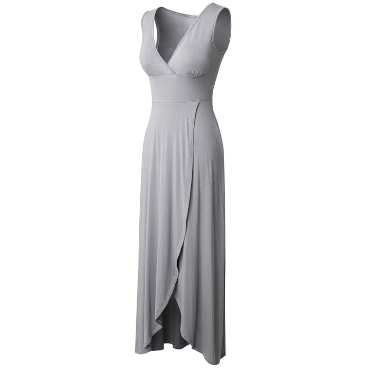 Gray Surplice Neck Sleeveless Asymmetrical Solid Color Maxi Dress