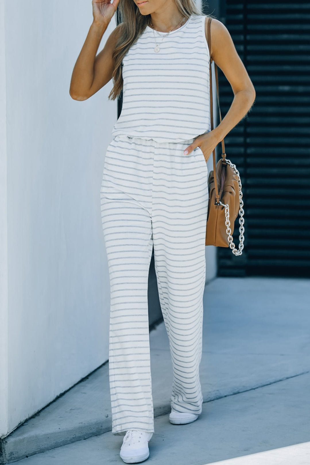 White Striped Sleeveless Jumpsuit