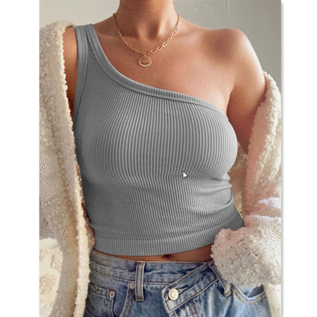 One-Shoulder Sleeveless Ribbed Crop Top