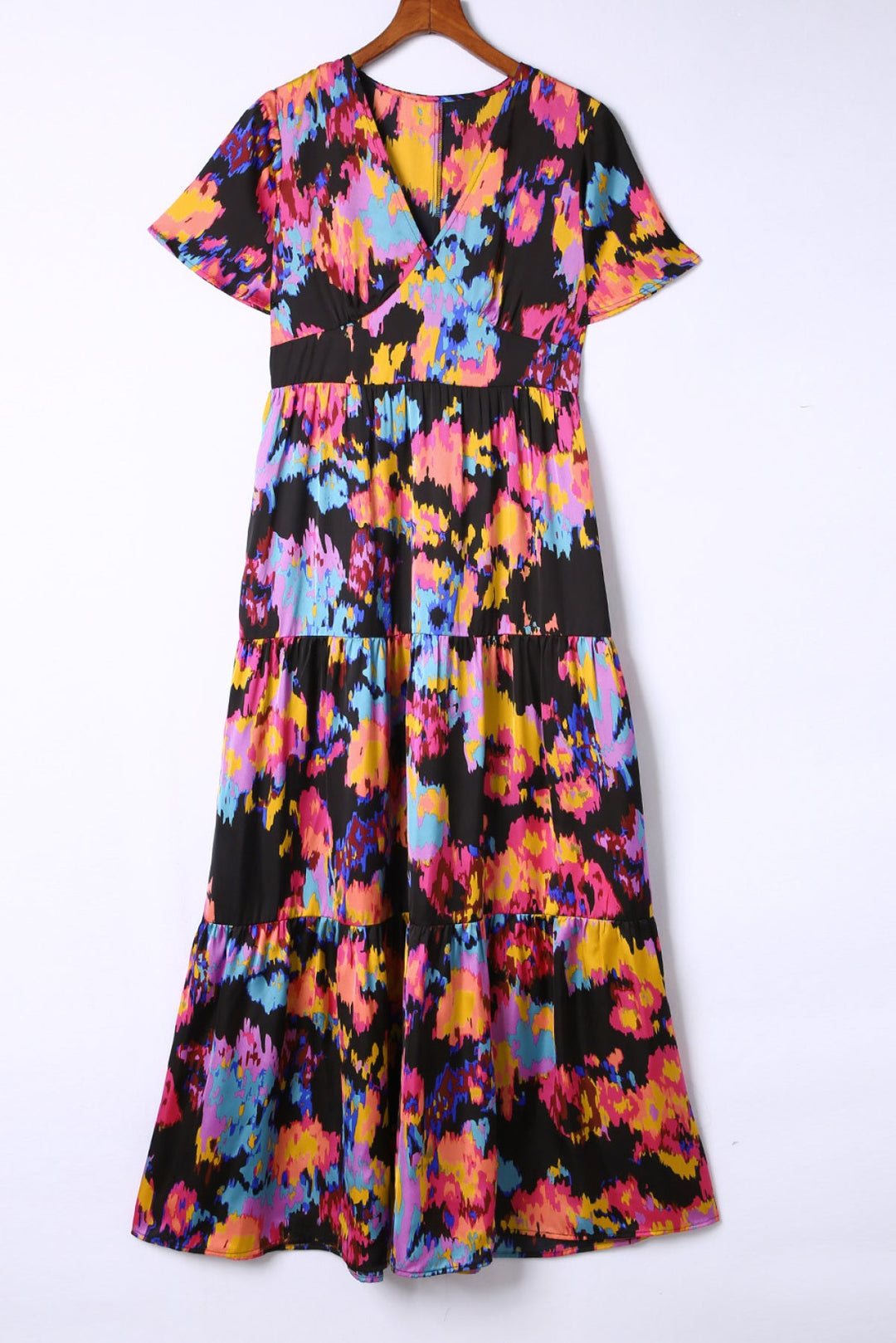 Abstract Floral Pattern Flutter Sleeve Tiered Maxi Dress