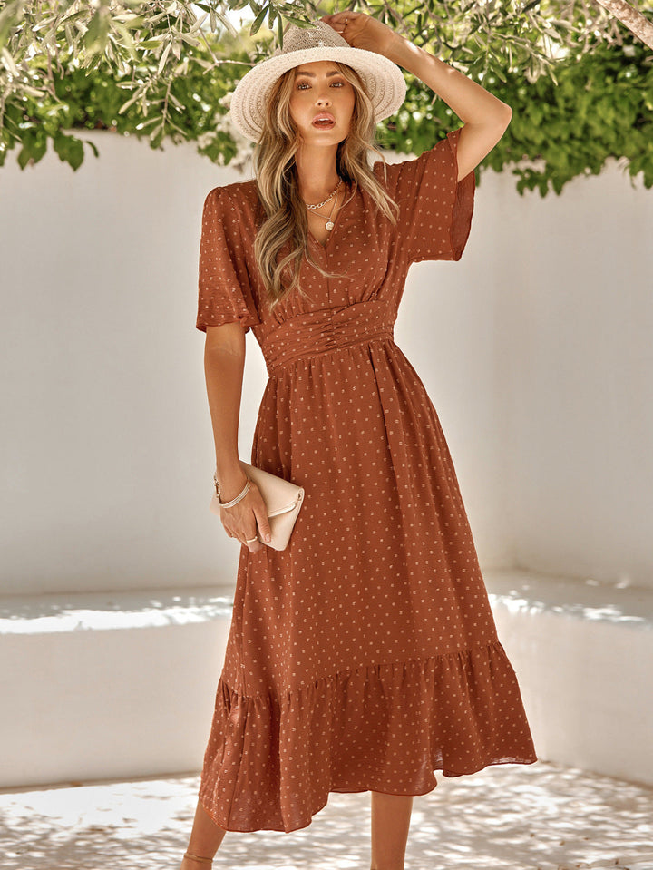 Solid V-neck Swiss Dots A-Line Midi Dress