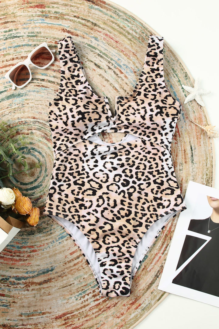 Leopard Split V Neck One-Piece Swimsuit