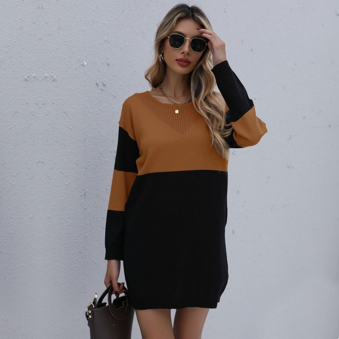 Round Neck Long Sleeve Colorblock Sweater Dress