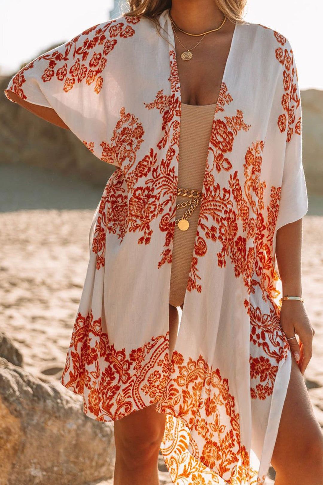 Floral Mid-Length Side Slits Chiffon Cover Up