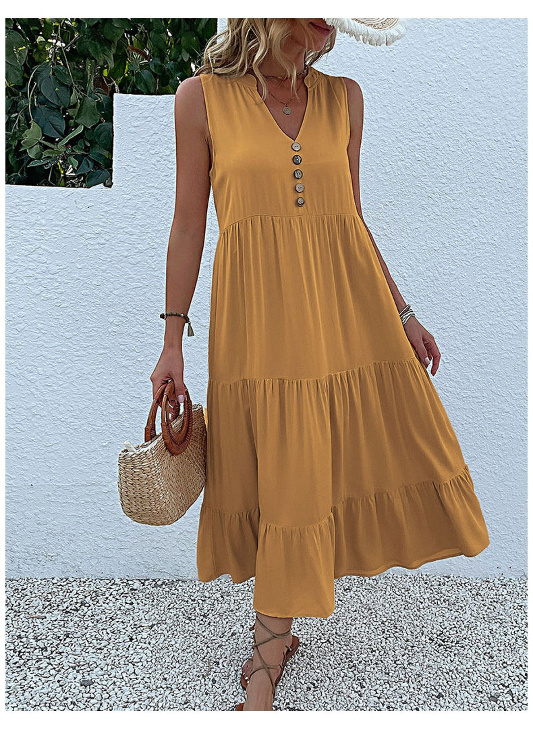 Solid Notched Buttoned Tiered Maxi Dress