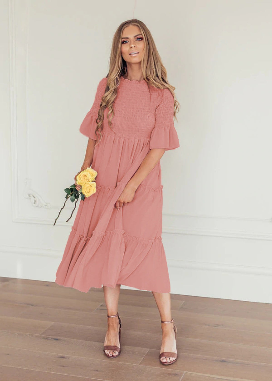 Round Neck Solid Color Smocked A-line Tiered-layered Dress