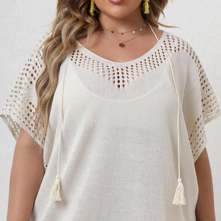 Plus Size Solid Color Openwork Cover Up with Tassels