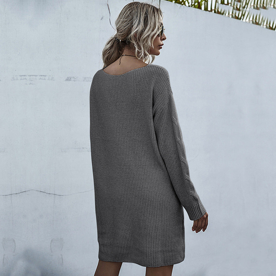 Solid V-Neck Long Sleeve Cable Knit Sweater Dress