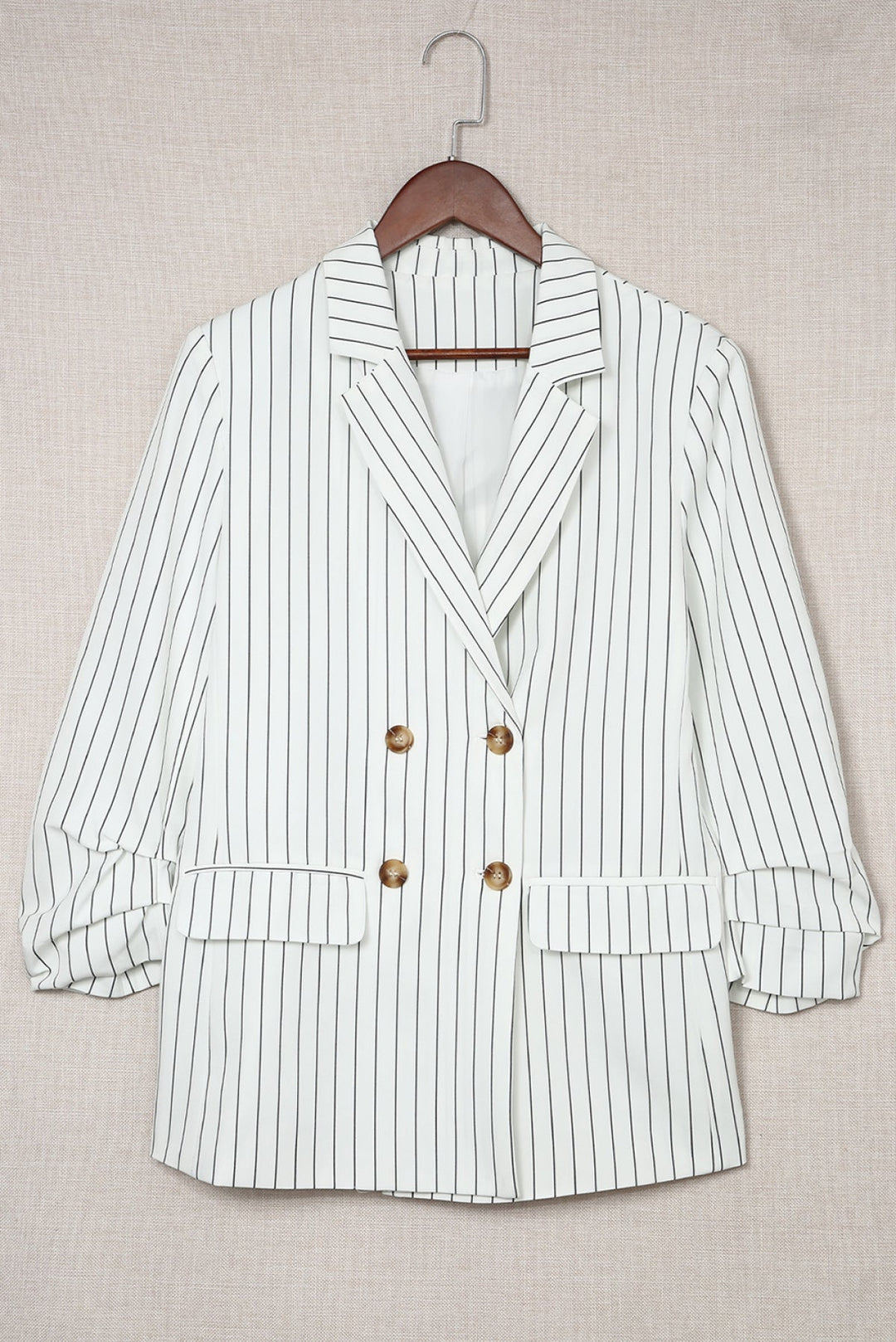 White Double-Breasted Striped Blazer with Pocket