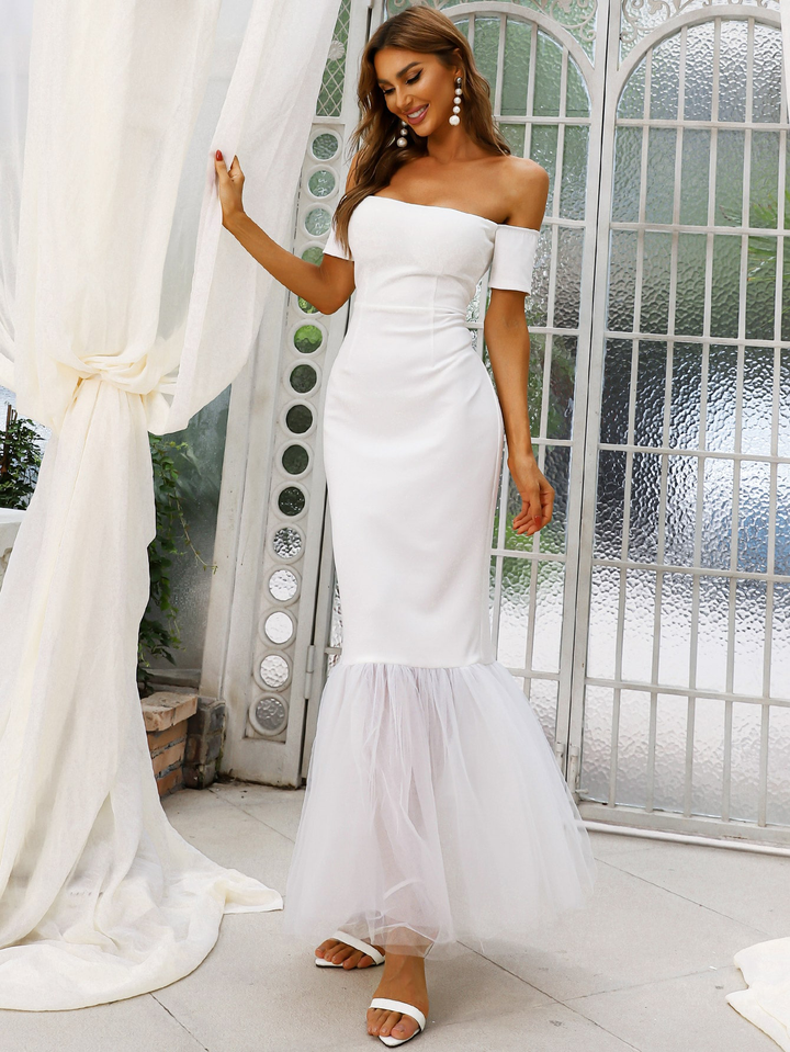 Off-Shoulder Mesh Hem Lace Wedding Dress