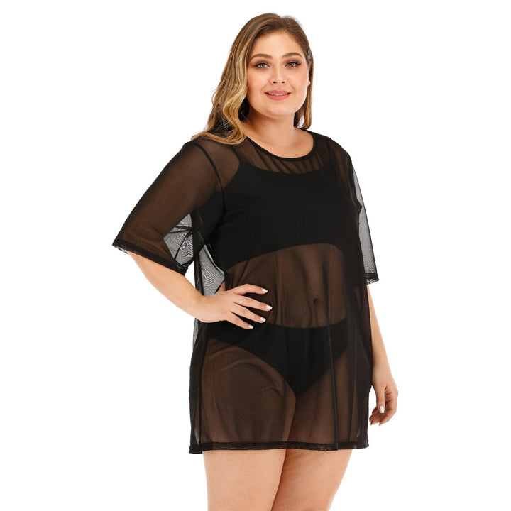Plus Size Black Round Neck Sheer Cover Up