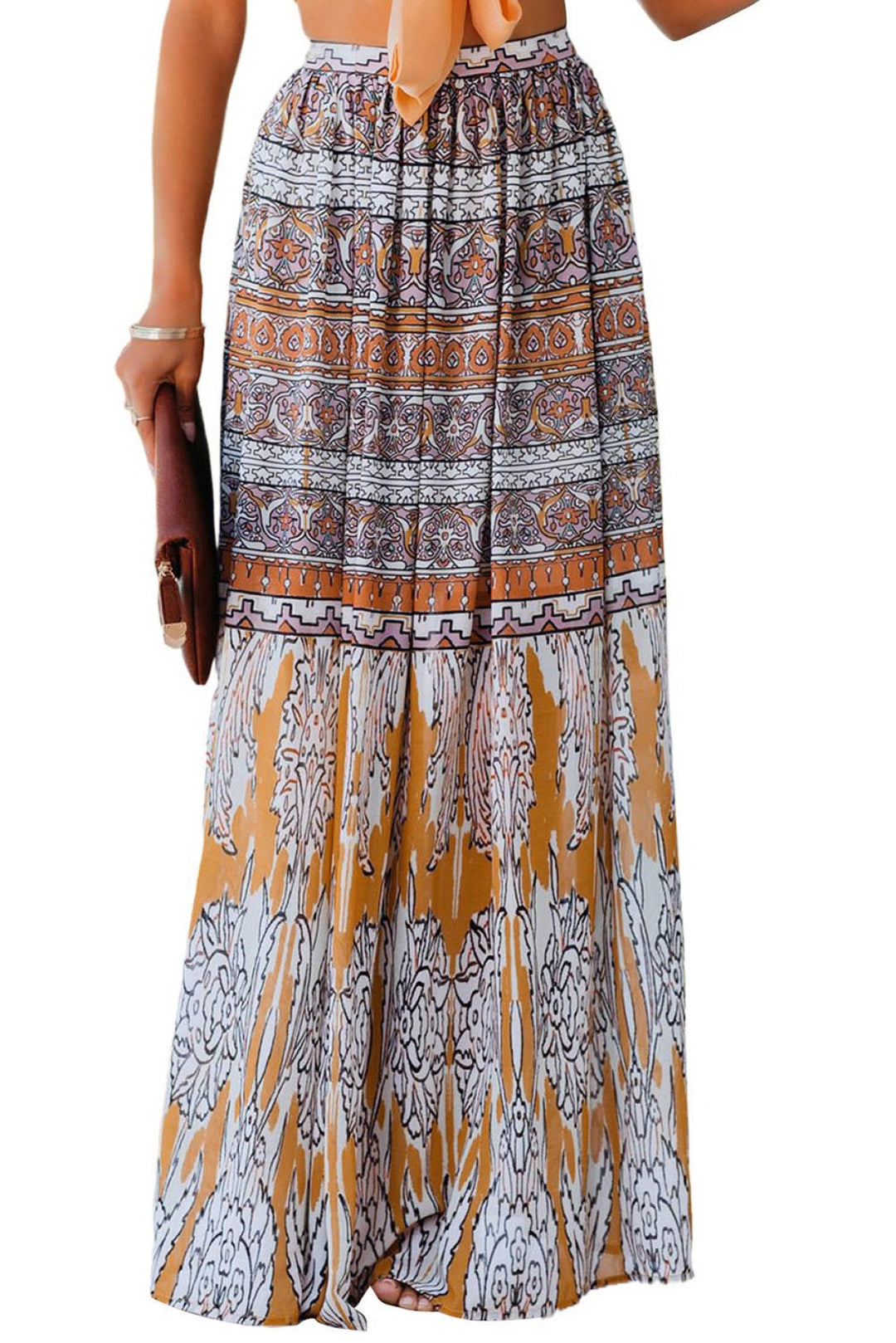 Boho Tribal Print Mid Waist Maxi Skirt