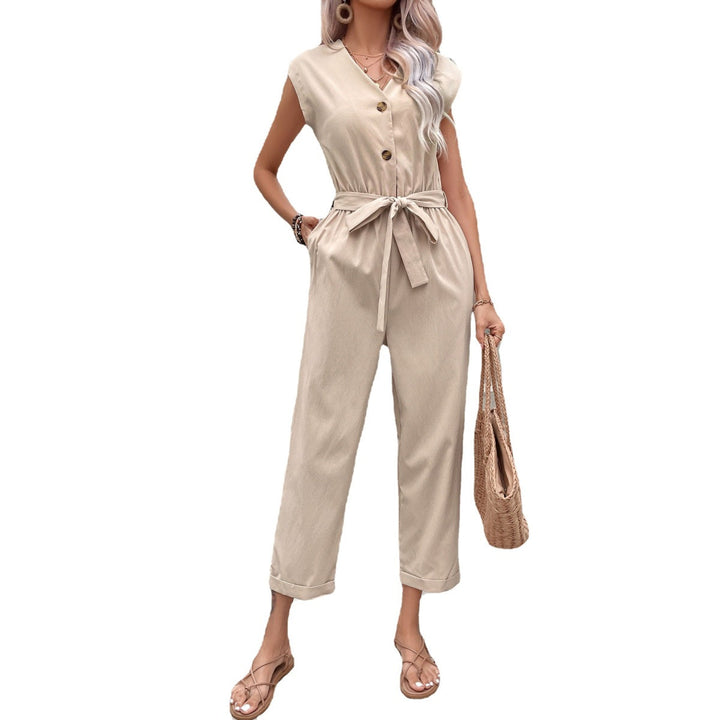 Solid Button V-Neck Jumpsuits With Belt