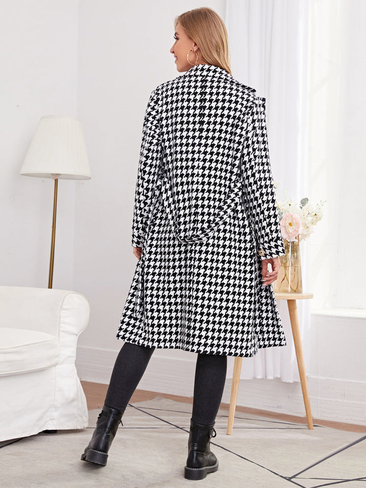 Collared Neck Long Sleeve Double-Breasted Tie Waist Houndstooth Coats
