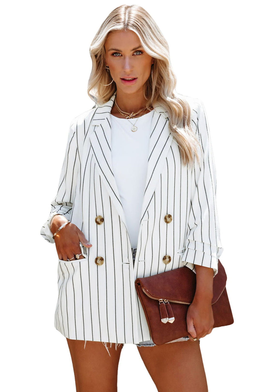White Double-Breasted Striped Blazer with Pocket