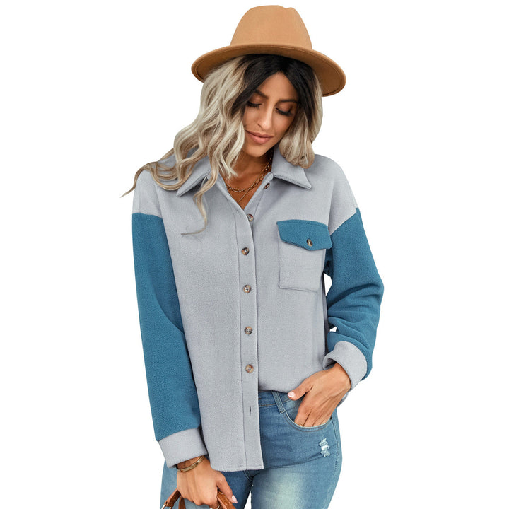 Shirt Collared Long Sleeve Single-Breasted Colorblock Jackets With Pockets