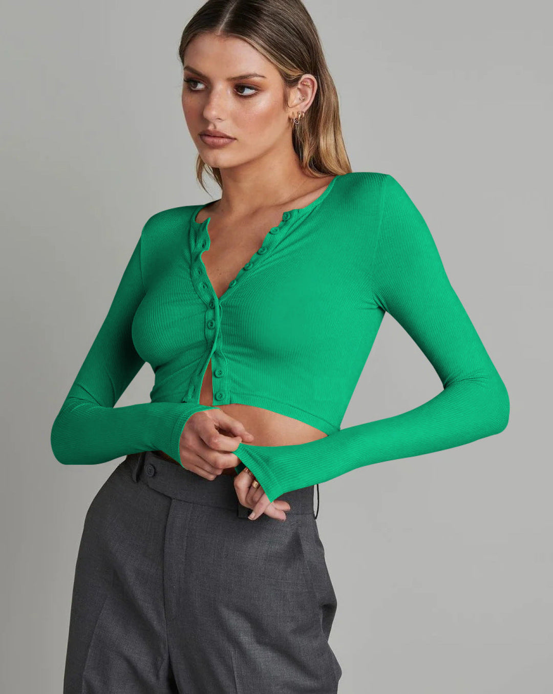 Single-Breasted V-Neck Solid Crop Top