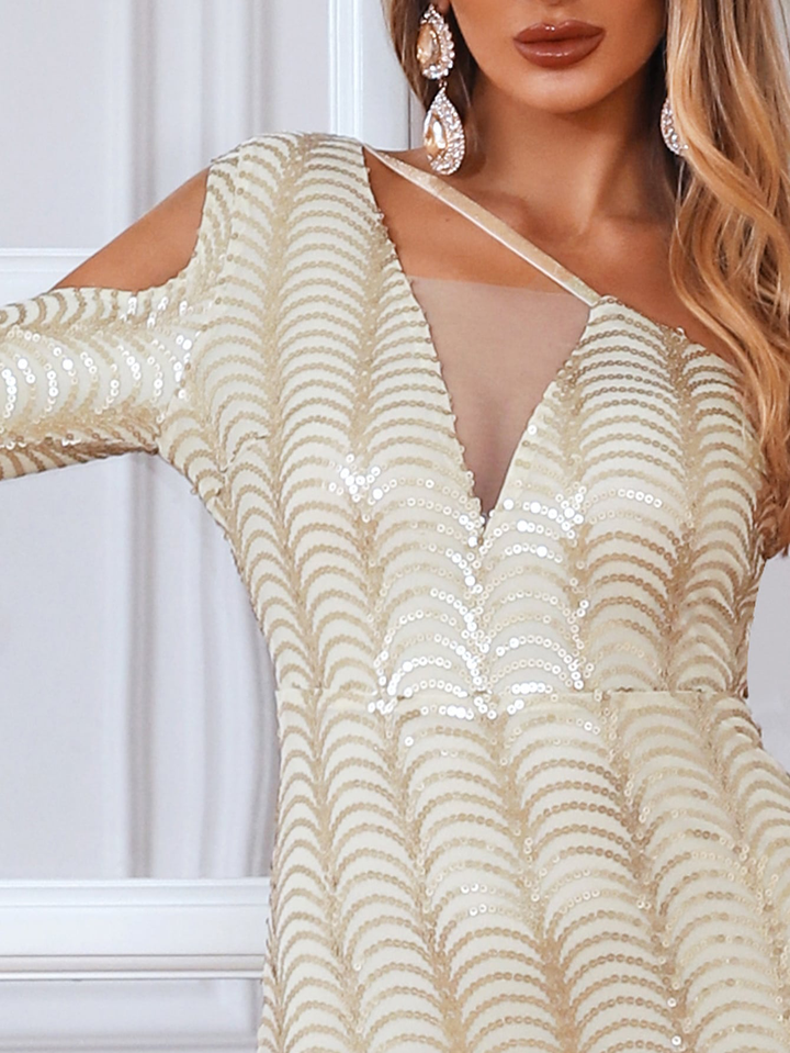 One Shoulder Cut Out Ruffle Trim Slit Thigh Sequin Dress