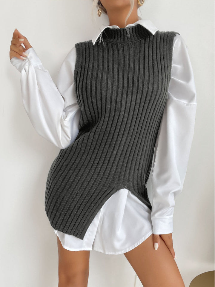 Solid Sleeveless Mockneck Side-Slit Knit Vest Dress without Belt