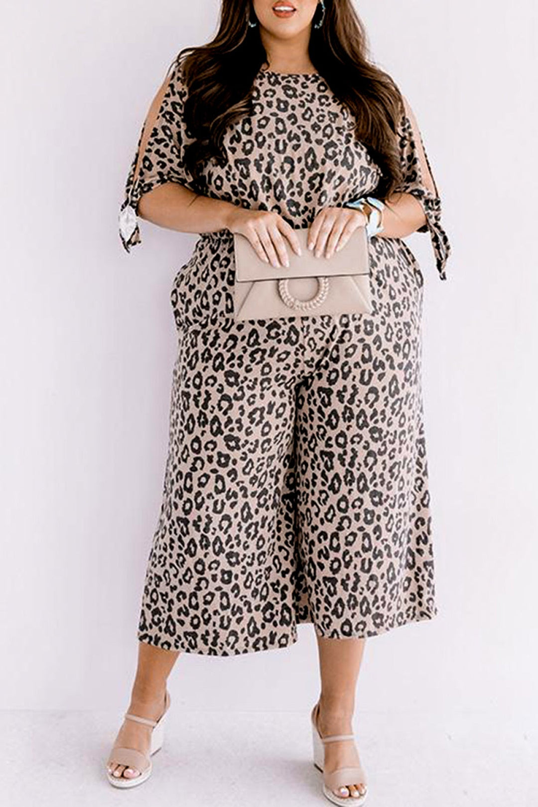 Leopard Half Sleeve Plus Size Jumpsuit