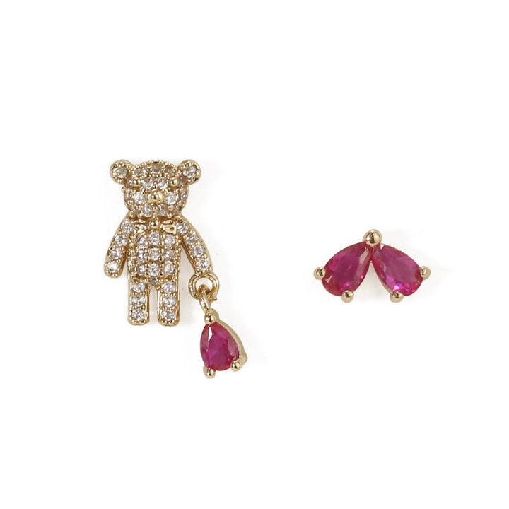 Bear & Heart-Shaped Cubic Zirconia Asymmetric Stud Earrings