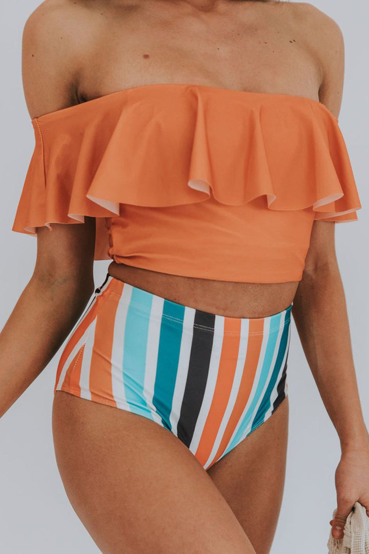 Ruffled Top & Striped High Waisted Swimsuit