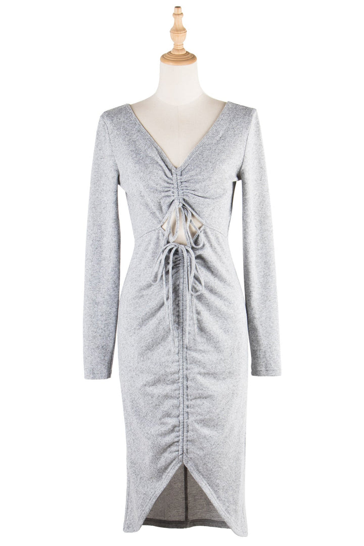 Gray Deep V Waist Cut Out Drawstring Slit Tie Back Mini Dress