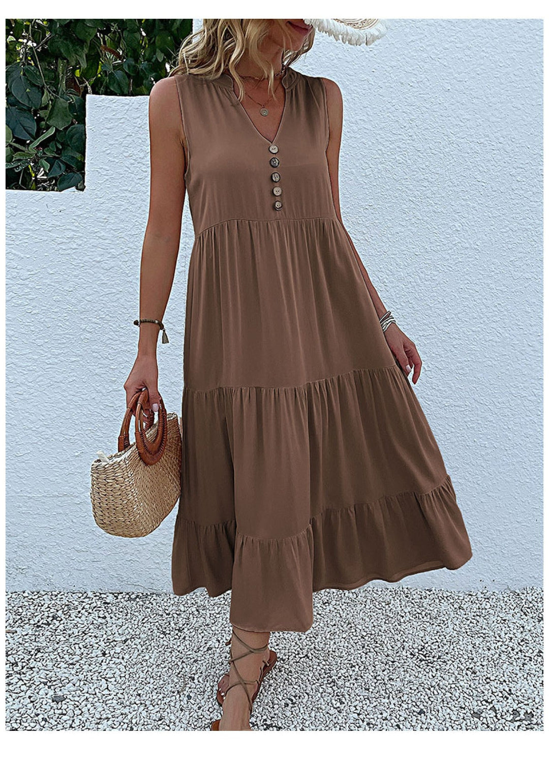 Solid Notched Buttoned Tiered Maxi Dress