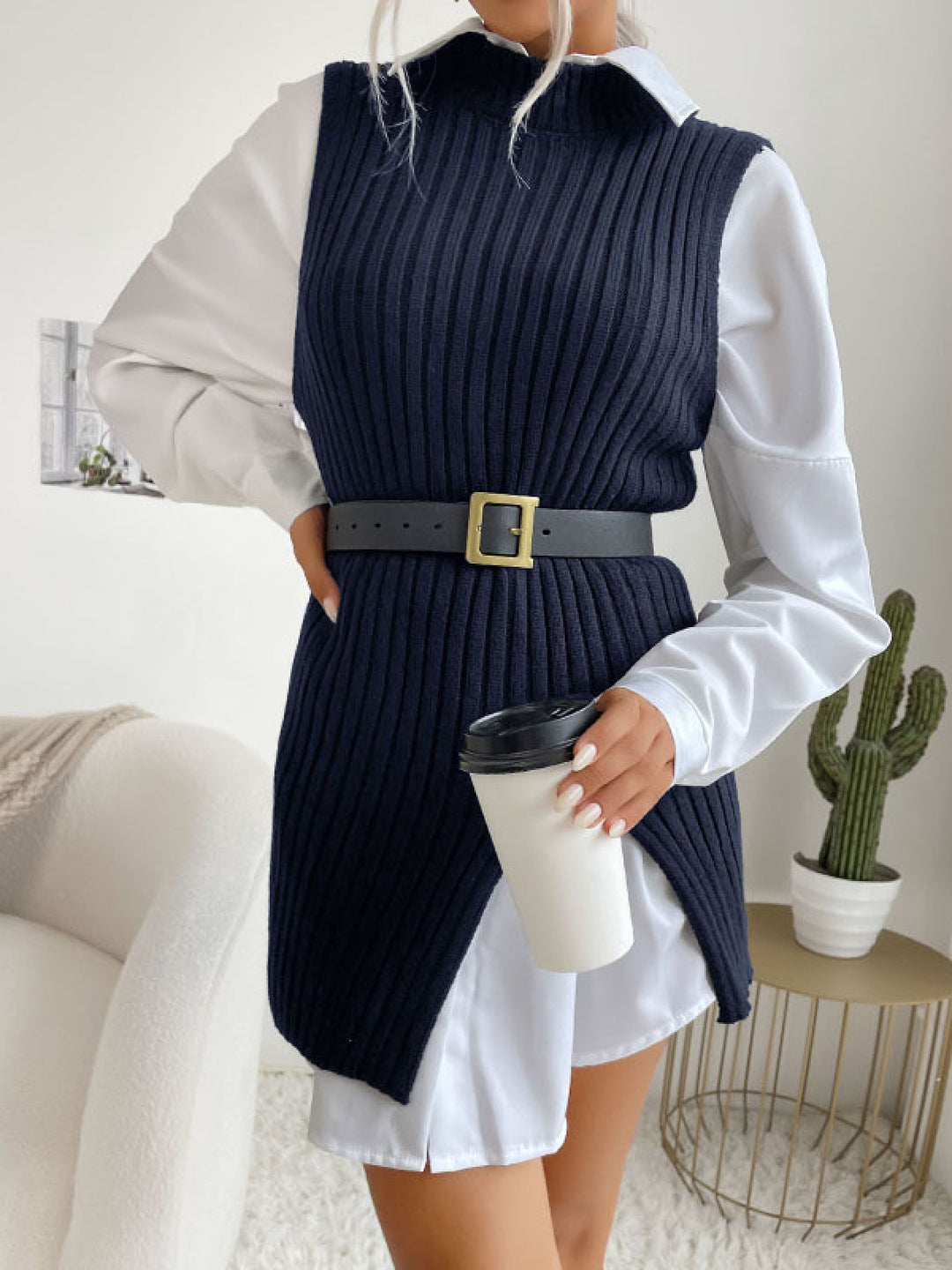 Solid Sleeveless Mockneck Side-Slit Knit Vest Dress without Belt